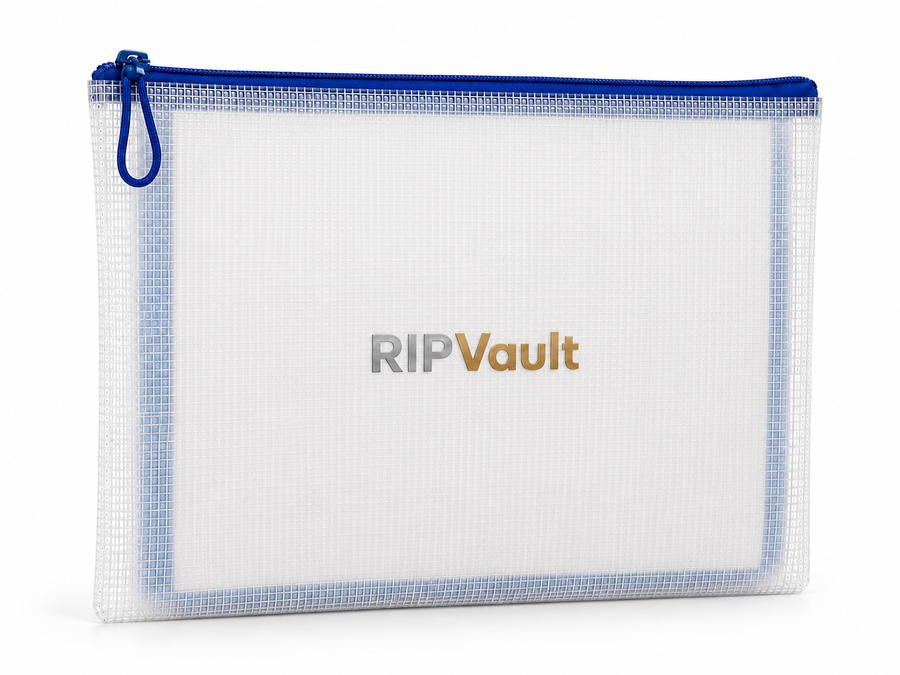RIPVault Essentials estate and document organizer kit with fireproof bag, file folders, and emergency key tags