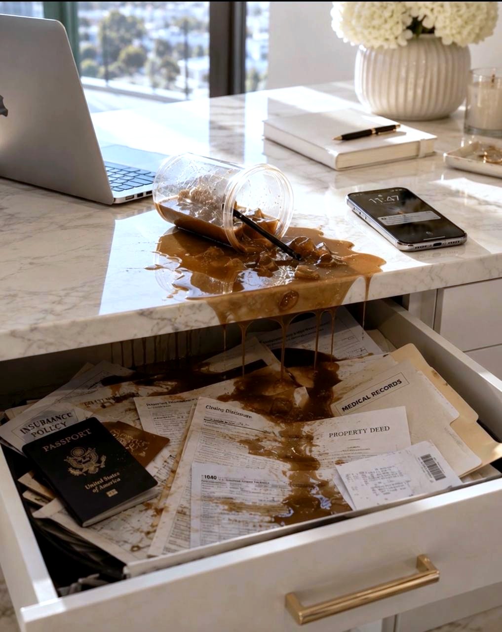 Coffee spill on important documents